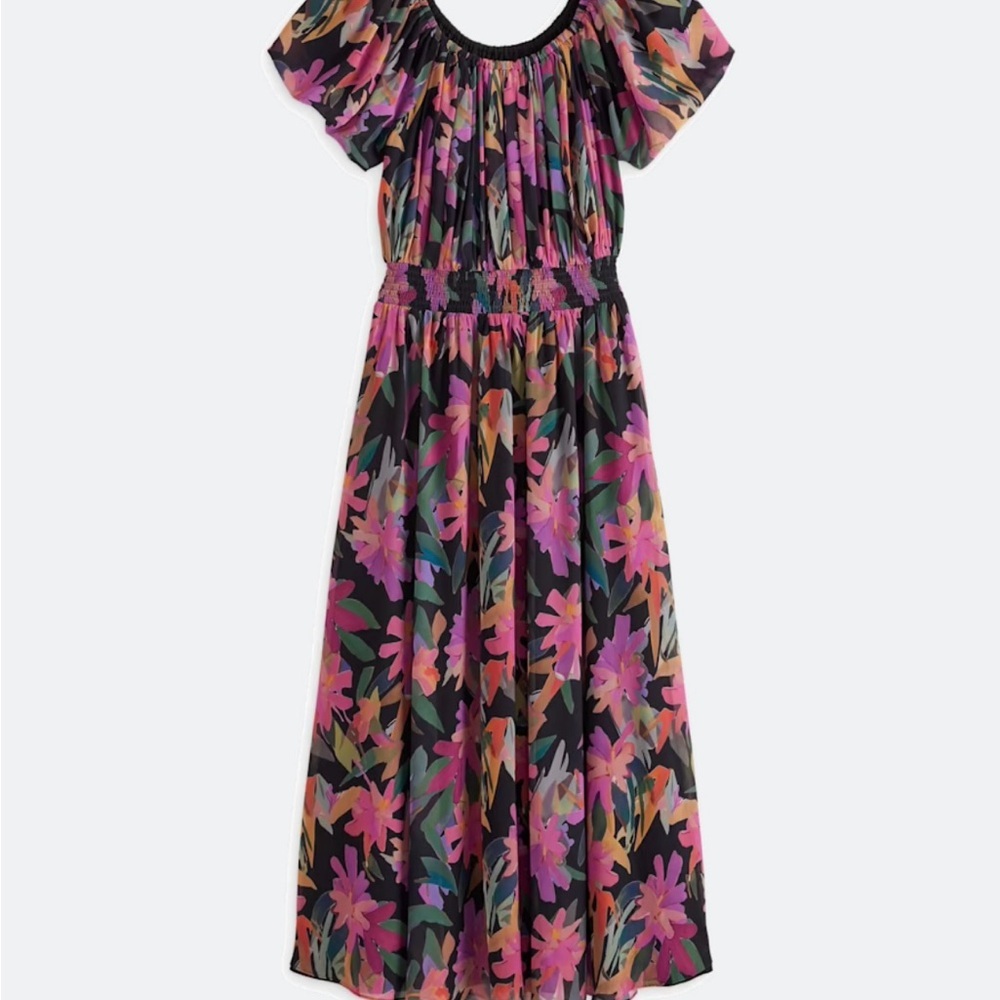 NWT Vince Camuto Puff Sleeve Off the Shoulder Midi Dress in Pink & Black Floral - Picture 4 of 5